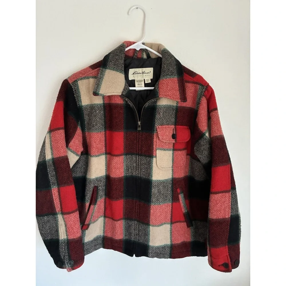 Wool Eddie Bauer Women's Plaid Coat Size Large In Red Green And Ivory Christmas - Picture 6 of 7